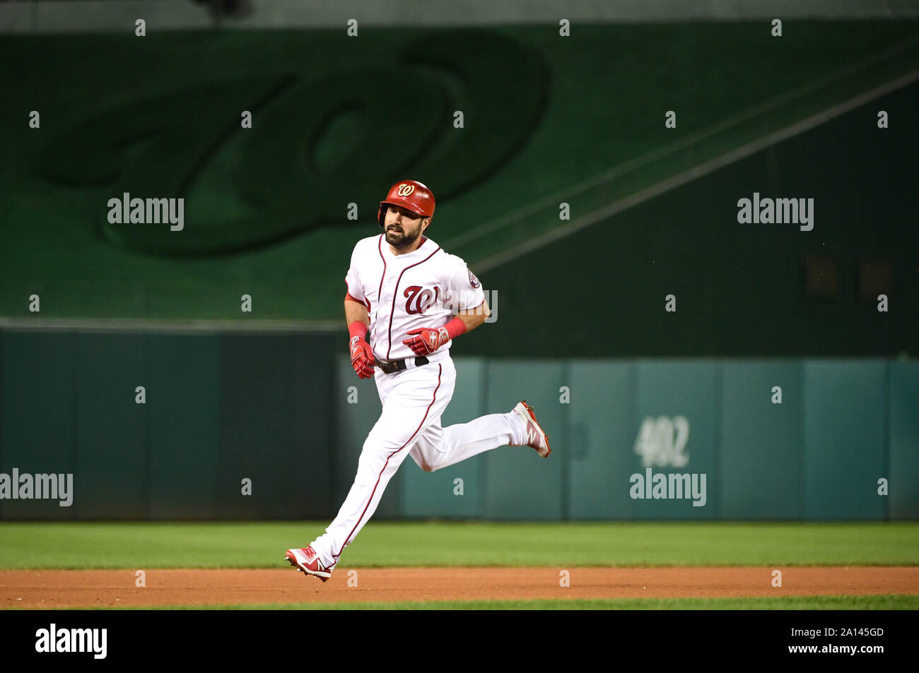 Washington, United States. 23rd Sep, 2019. Washington Nationals Adam Eaton runs the baes after hitting a solo home run against the Philadelphia Phillies in the first inning at Nationals Park in Washington, DC on September 23, 2019. Photo by Kevin Dietsh/UPI Credit: UPI/Alamy Live News Stock Photo