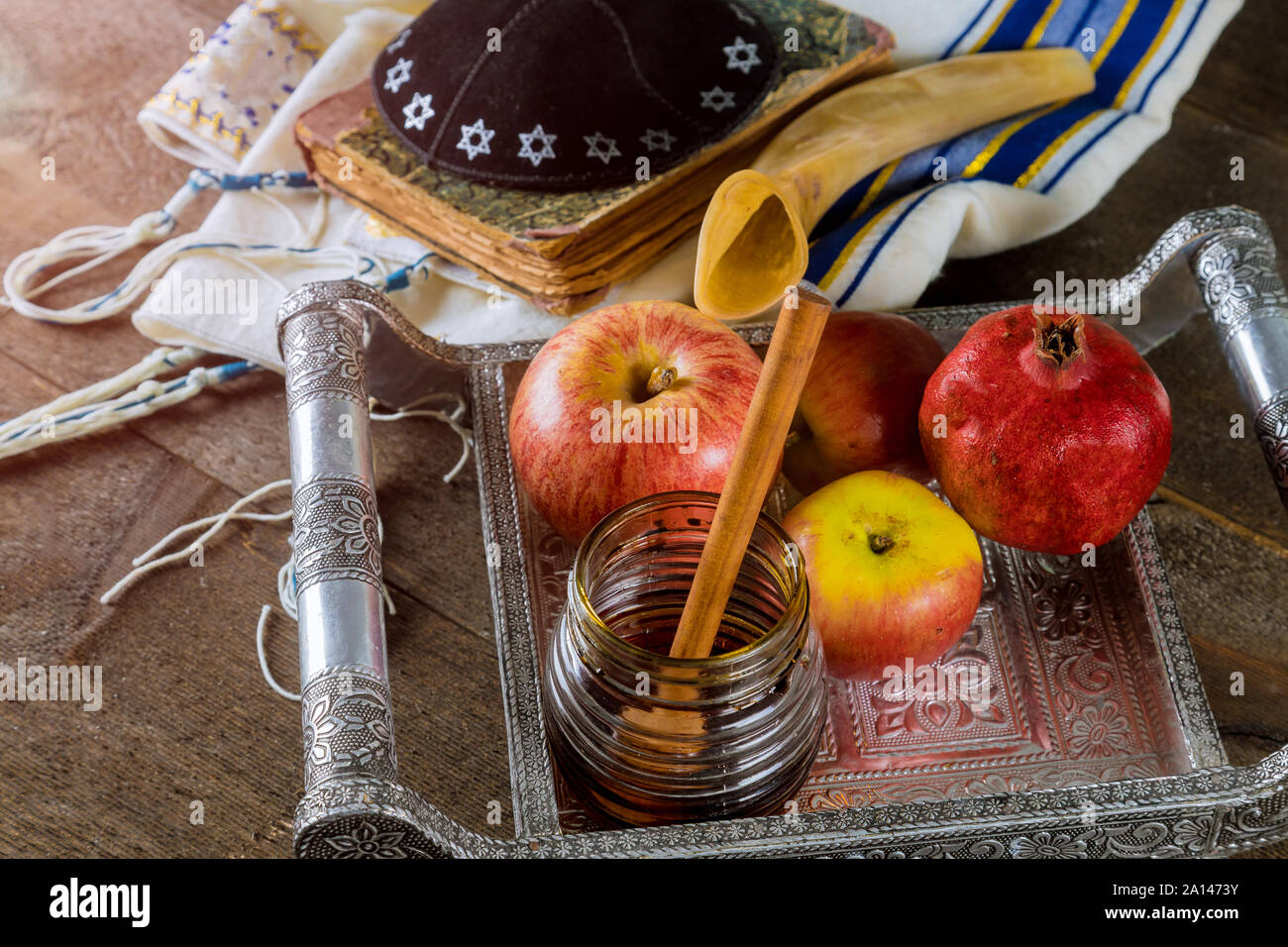 Honey, apple and pomegranate for traditional holiday symbols Yom Kippur and Rosh Hashanah jewish