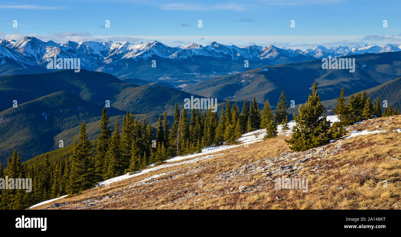 The View of Kananaskis Mountains and Foothills from Prairie Mountain near Bragg Creek, and Calgary, Alberta, Canada Stock Photo