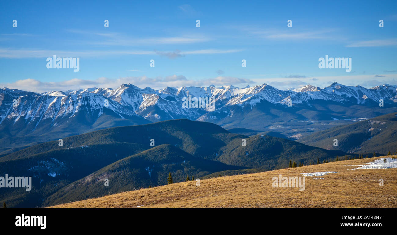 The View of Kananaskis Mountains and Foothills from Prairie Mountain near Bragg Creek, and Calgary, Alberta, Canada Stock Photo
