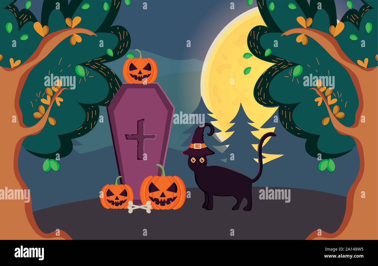 black cat coffin pumpkins night trick or treat - happy halloween vector ...