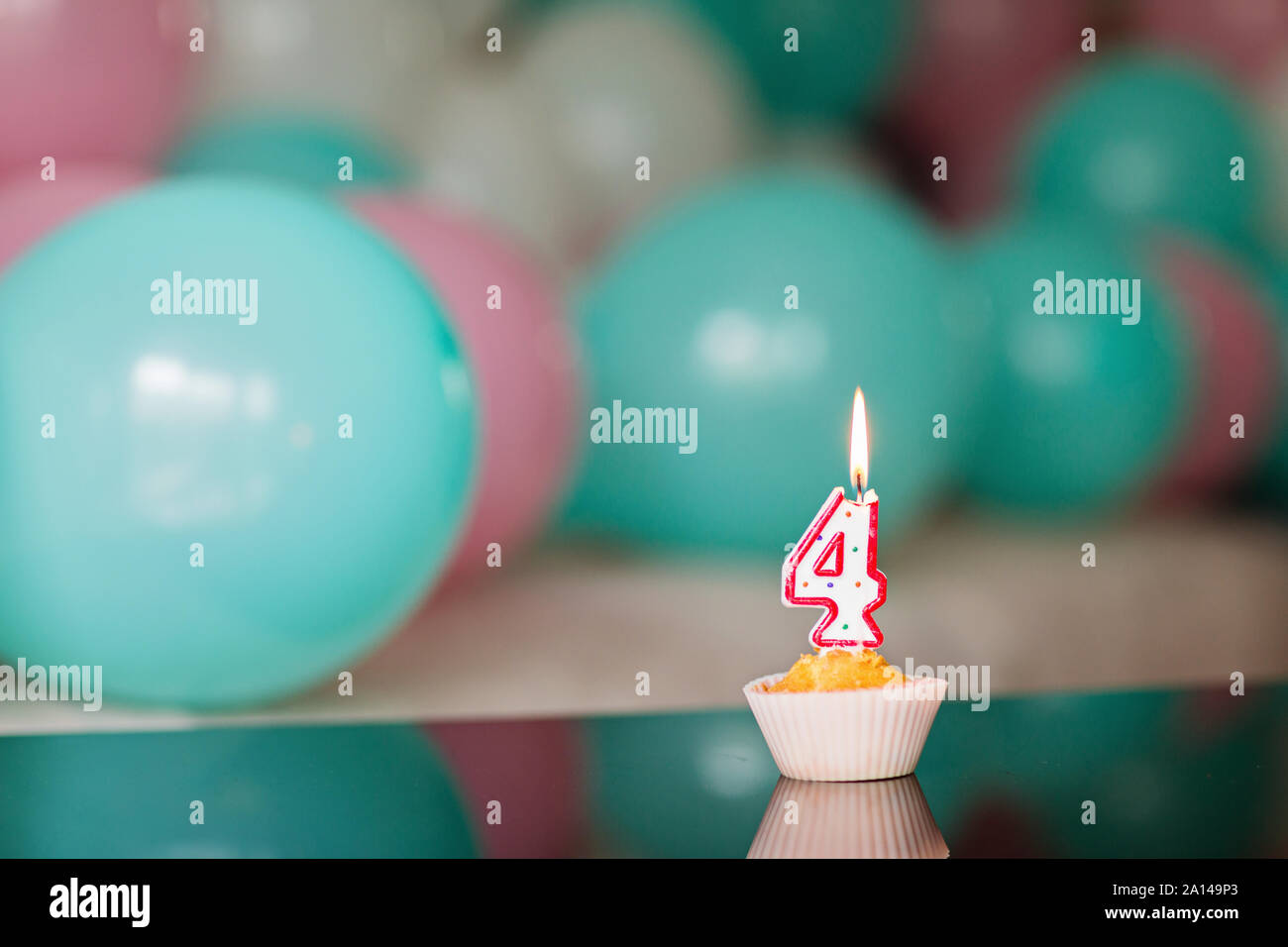 Birthday Cake And Colorful Balloons On Background Celebrate 4 Years Old Birthday Stock Photo Alamy