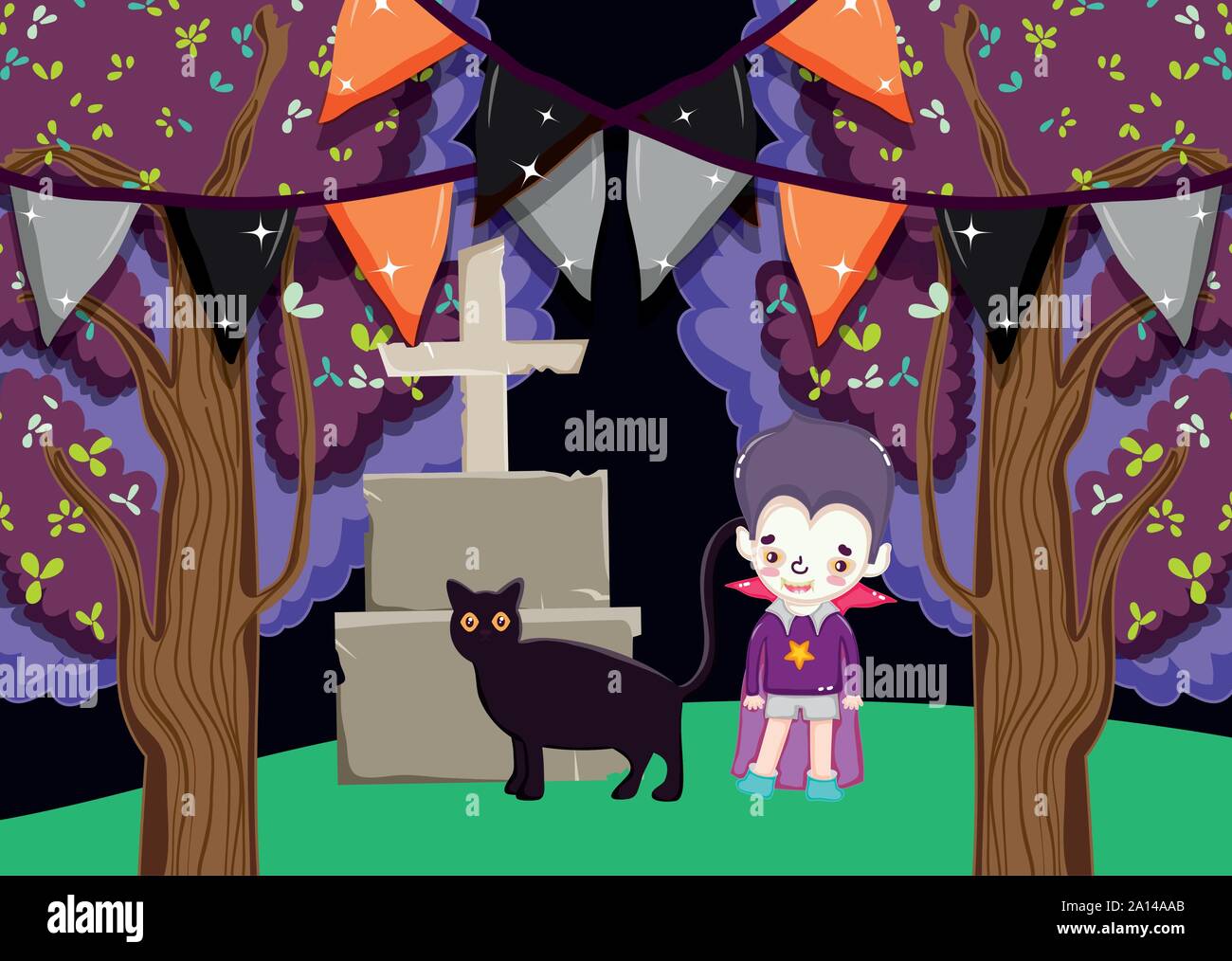 dracula boy costume with tomb and cat halloween image vector ...
