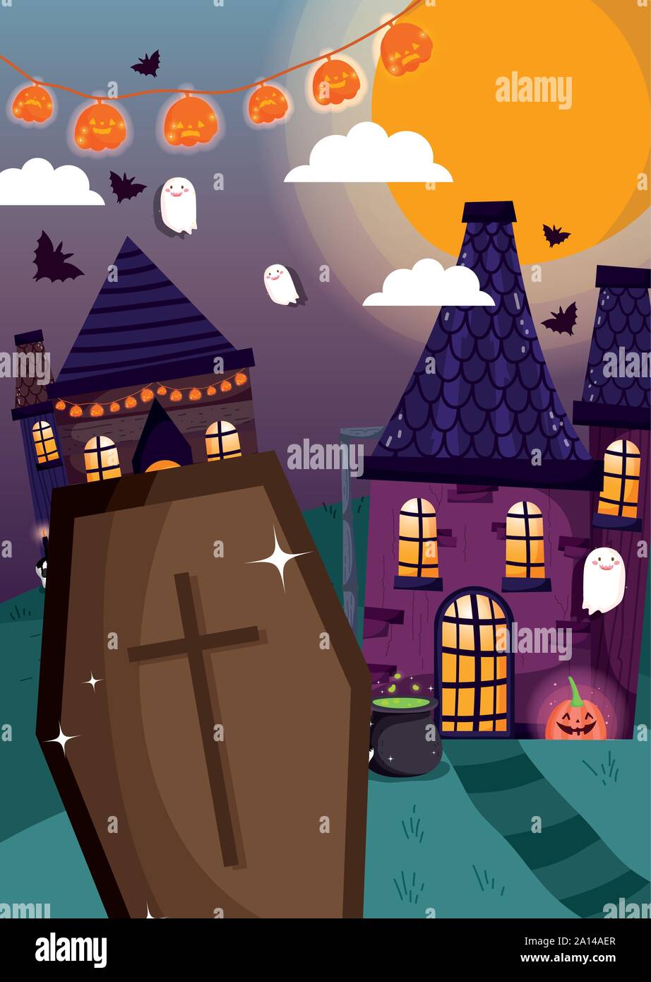 coffin houses night trick or treat - happy halloween vector ...