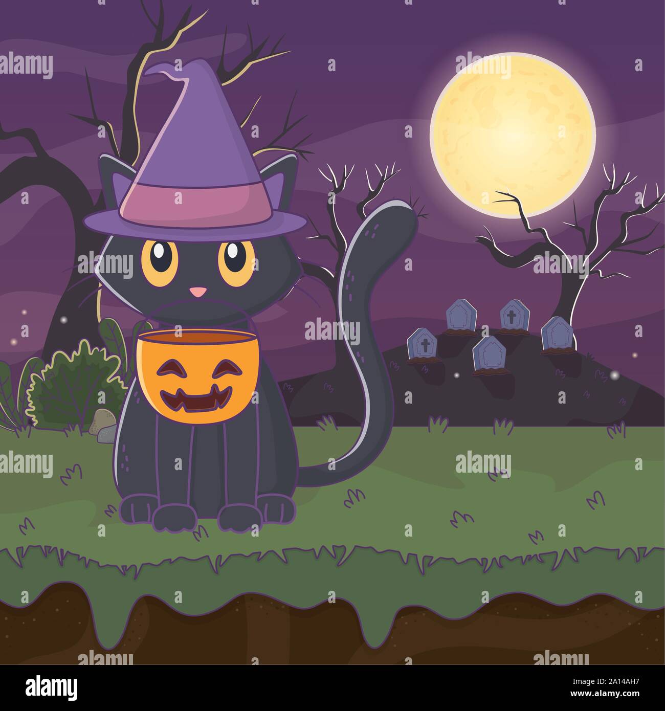 black cat with bucket pumpkin trick or treat - happy halloween vector ...