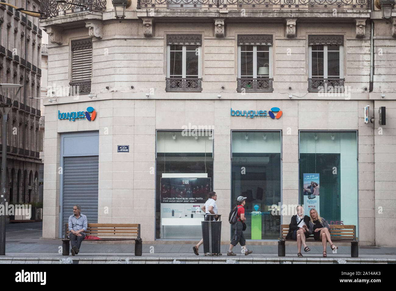 LYON, FRANCE - JULY 14, 2018: Bouygues Telecom logo on their main shop in Lyon. Bouygues Telecom is a French mobile phone, Internet service provider a Stock Photo