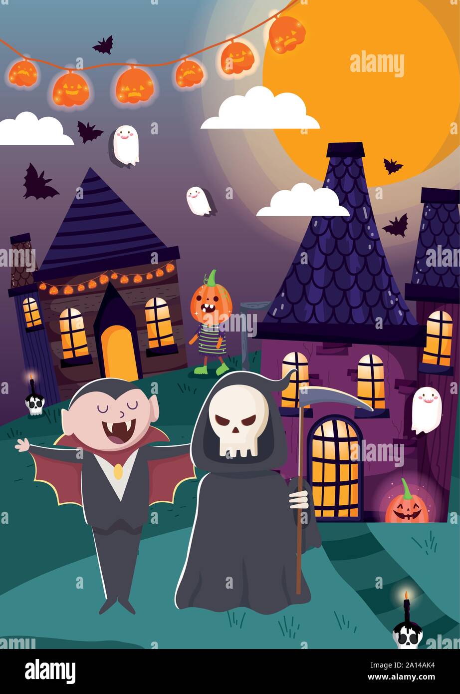 dracula and death houses trick or treat - happy halloween vector ...
