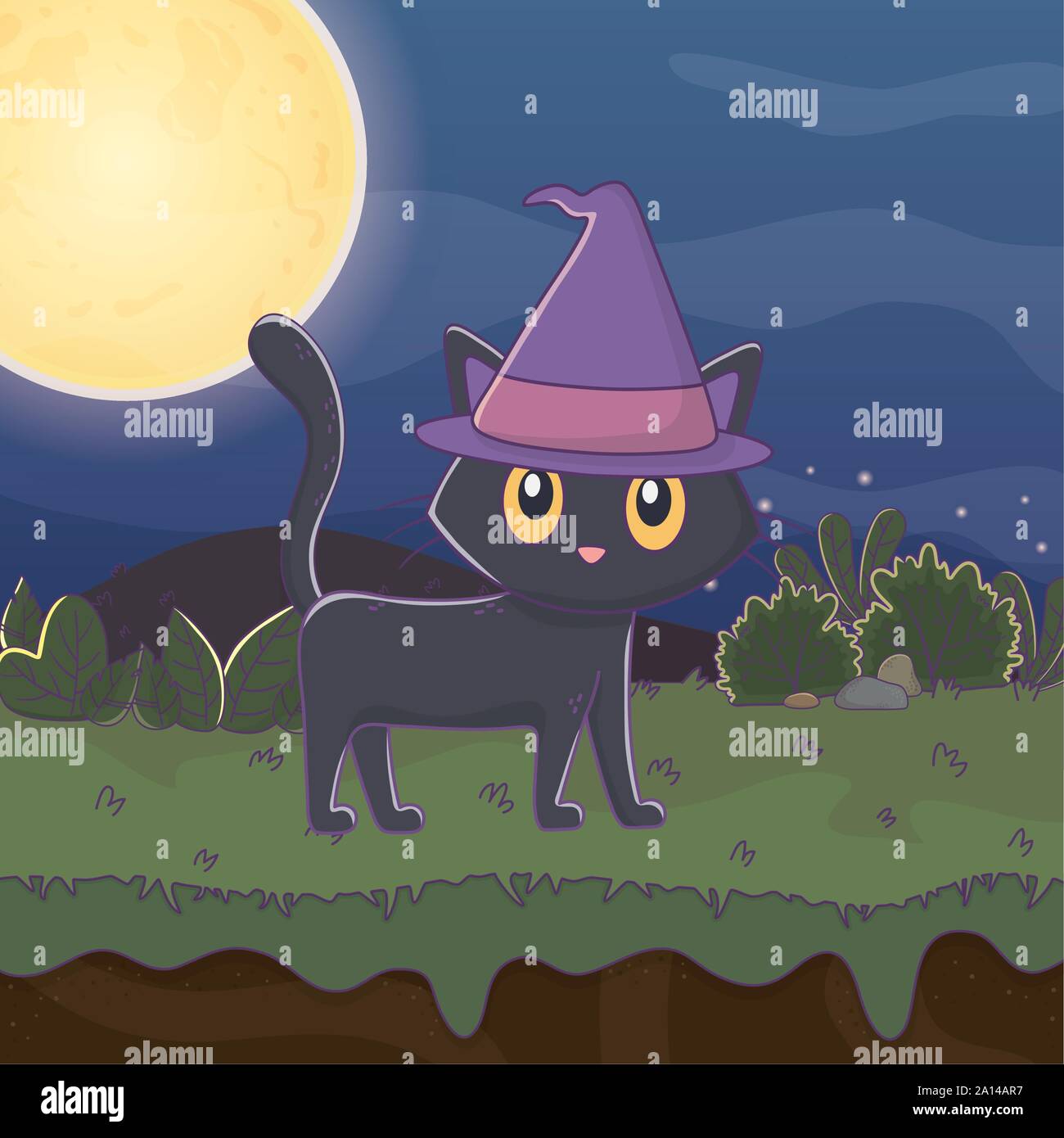 black cat with hat night trick or treat - happy halloween vector ...