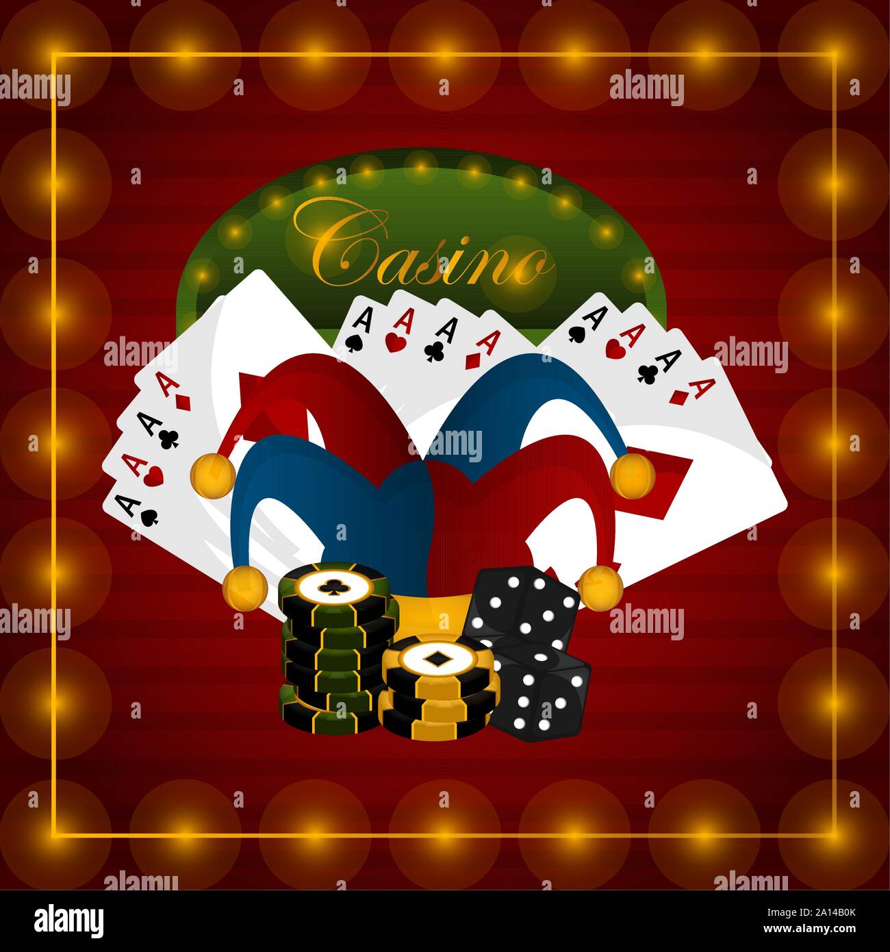 Casino poster with a joker hat, playing cards and poker chips Vector
