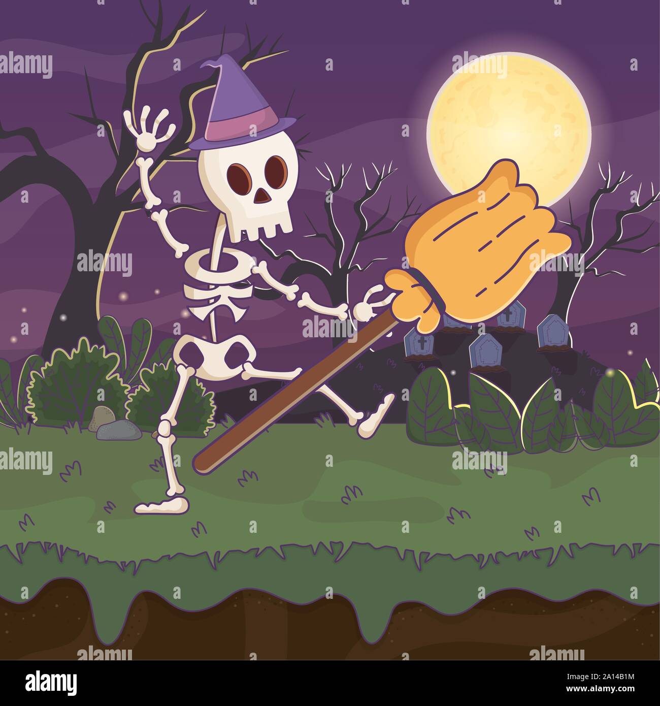 skeleton with broom and hat trick or treat happy halloween vector