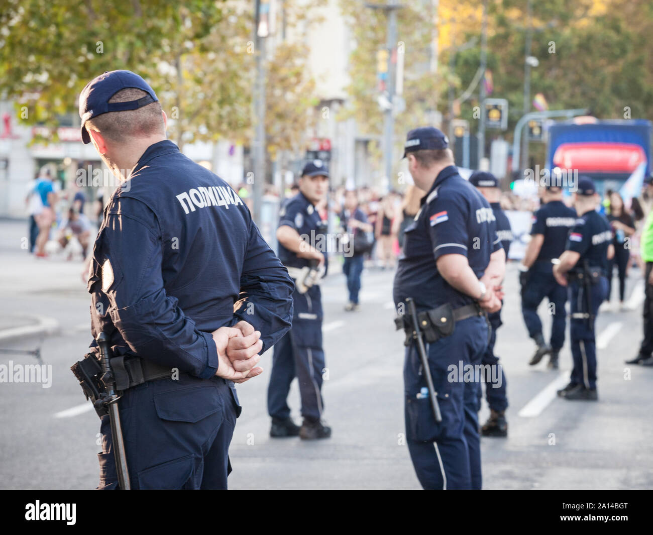 BELGRADE, SERBIA - SEPTEMBER 15, 2019: Serbian policemen protecting the 2019 Belgrade Gay Pride in the center of the capital city of Serbia, which hap Stock Photo