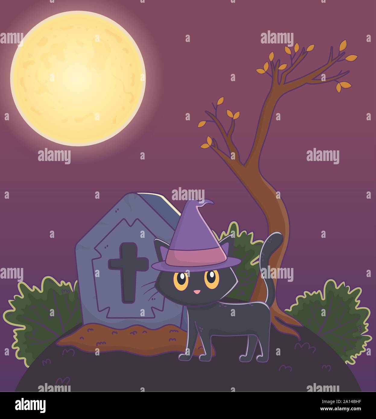 black cat gravestone night trick or treat - happy halloween vector ...