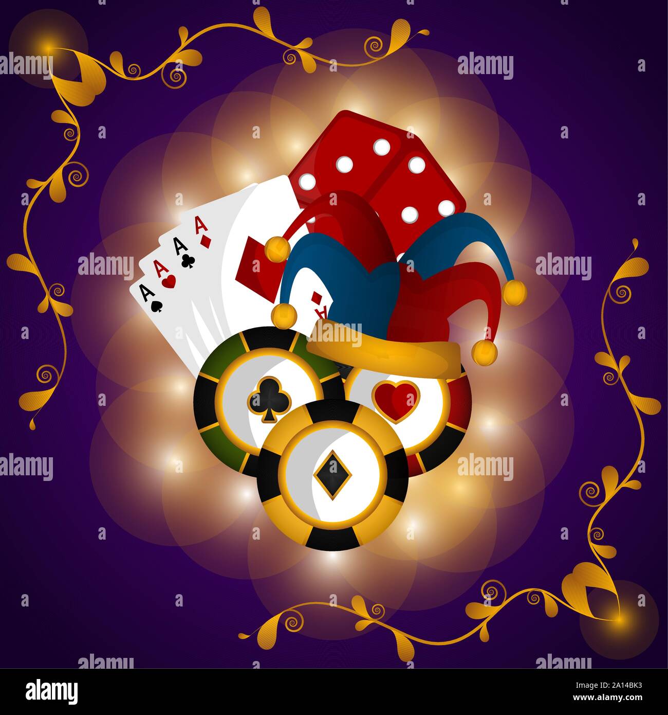 Casino poster with a joker hat, playing cards and poker chips Vector