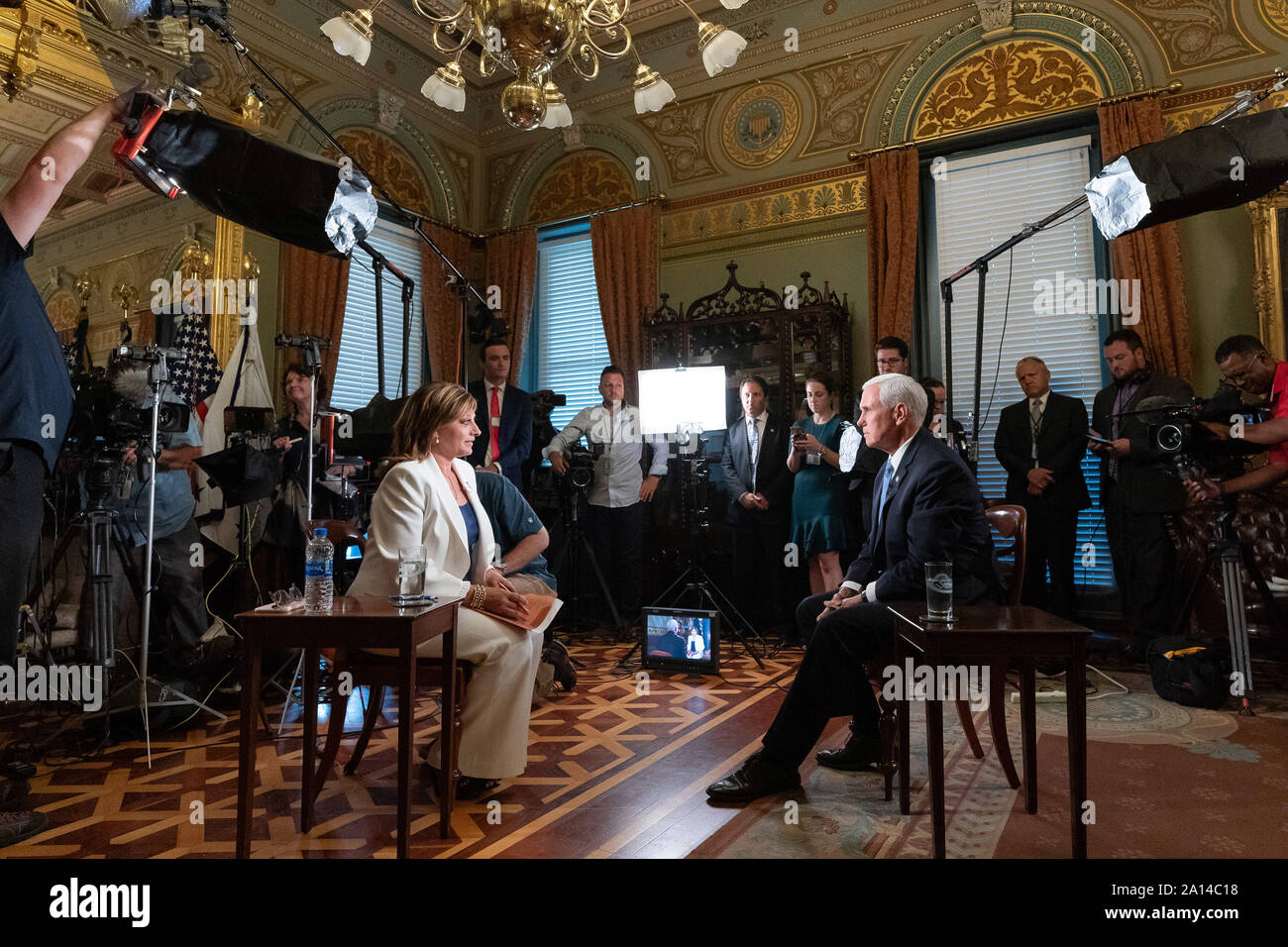 Washington, United States Of America. 18th Sep, 2019. Vice President Mike Pence participates in an interview with Maria Bartiromo of Fox News Wednesday, Sept. 18, 2019, in the Vice PresidentÕs Ceremonial Office in the Eisenhower Executive Office Building of the White House. People: Vice President Mike Pence Credit: Storms Media Group/Alamy Live News Stock Photo