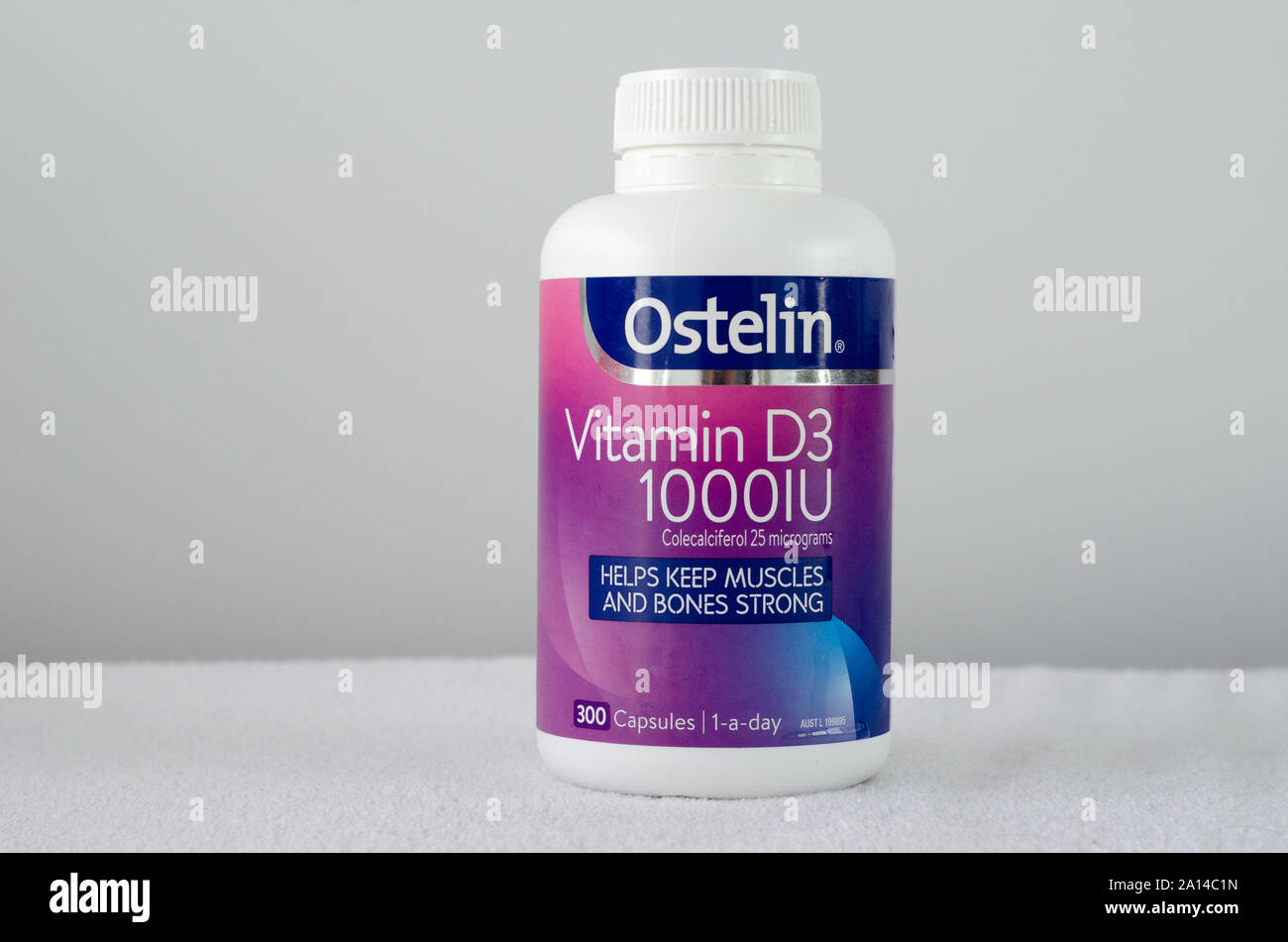 A bottle of Ostelin Vitamin D3. It helps keep muscles and bones strong. Stock Photo