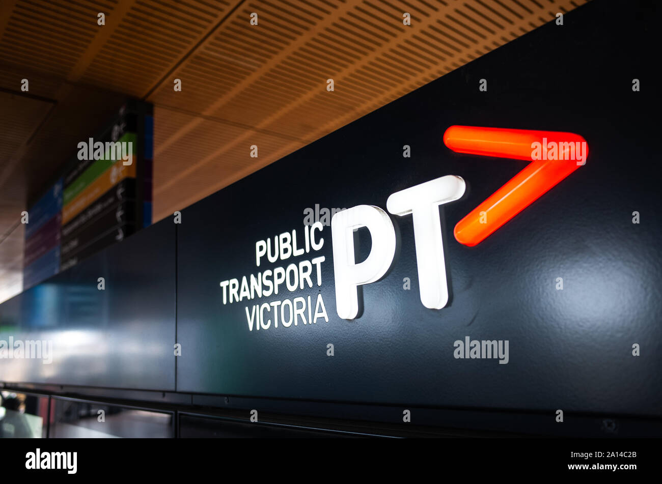 Sign of Public Transport Victoria. It's a statutory authority in Victoria responsible for providing, coordinating and promoting public transport. Stock Photo