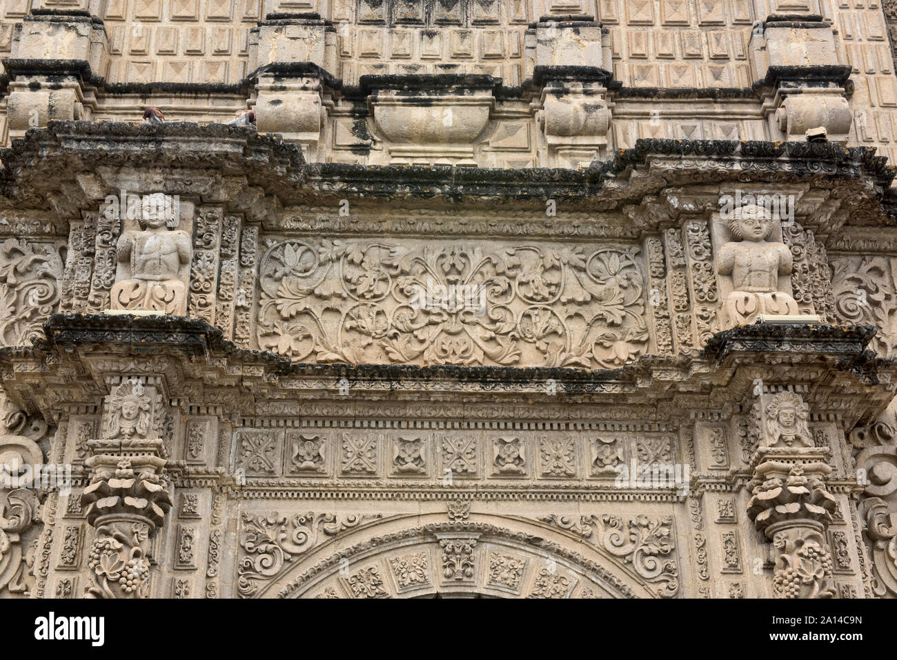 Stone carvings front the Baroque style Cajamarca Cathedral, Cajamarca, Peru Stock Photo