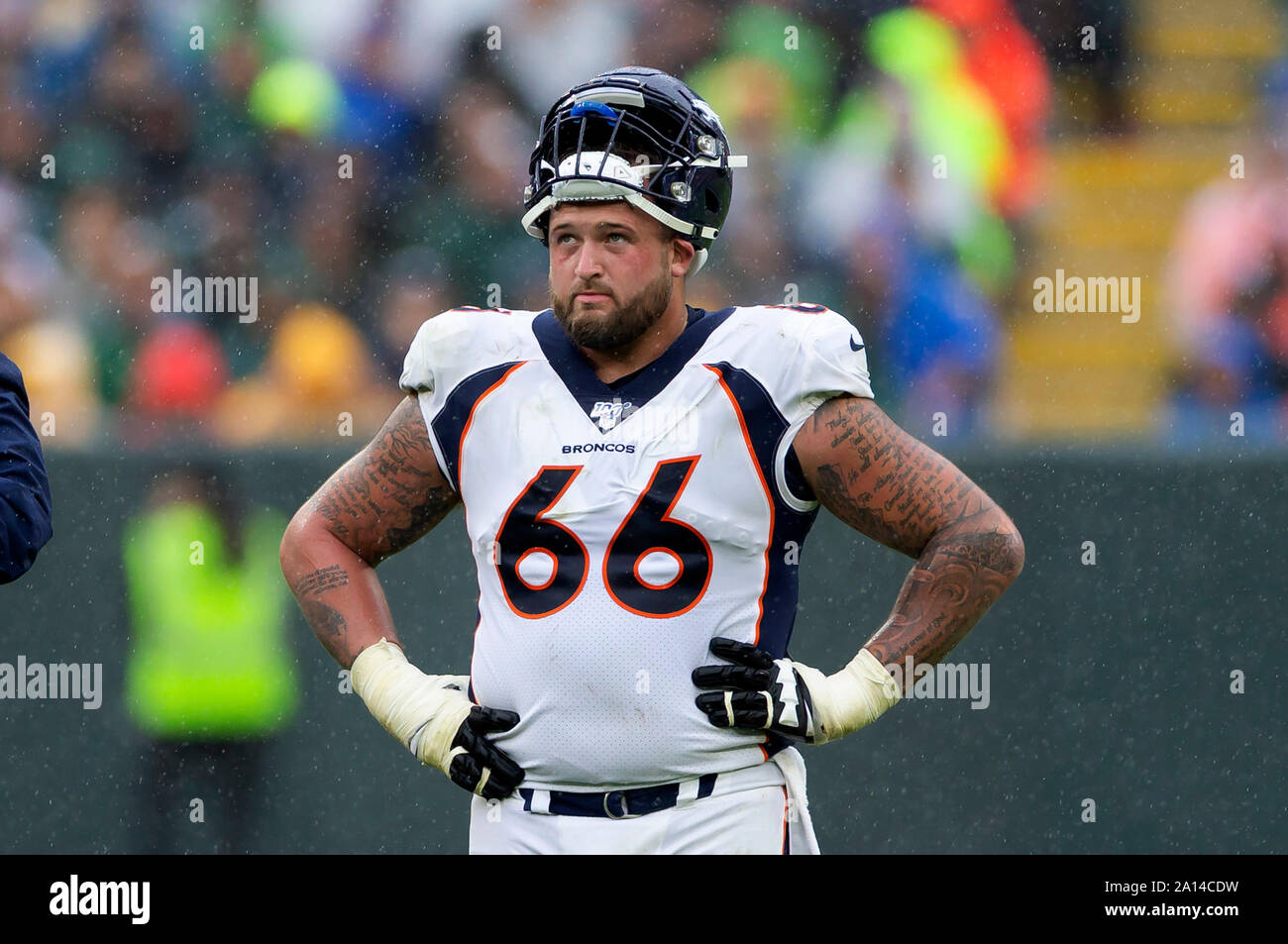 Green Bay, WI, USA. 22nd Sep, 2019. Denver Broncos offensive tackle Dalton  Risner #66 in the rain during the NFL Football game between the Denver  Broncos and the Green Bay Packers at