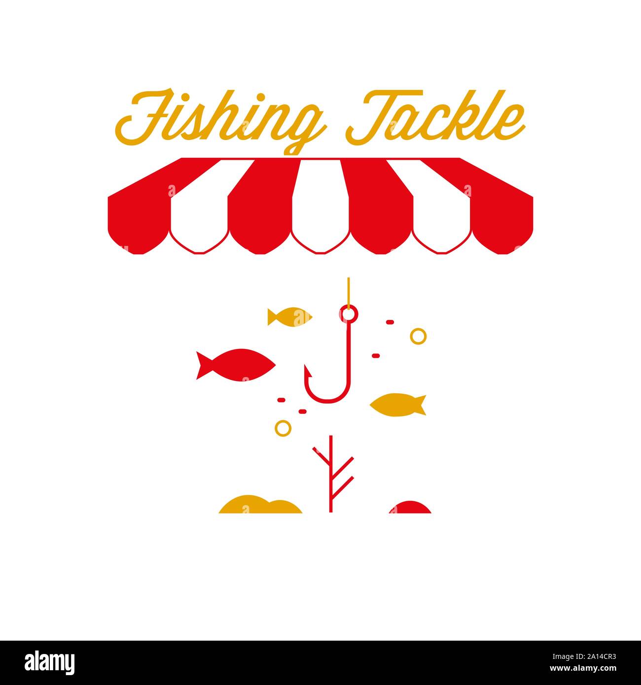 Fishing Tackle Shop Sign, Emblem. Red and White Striped Awning