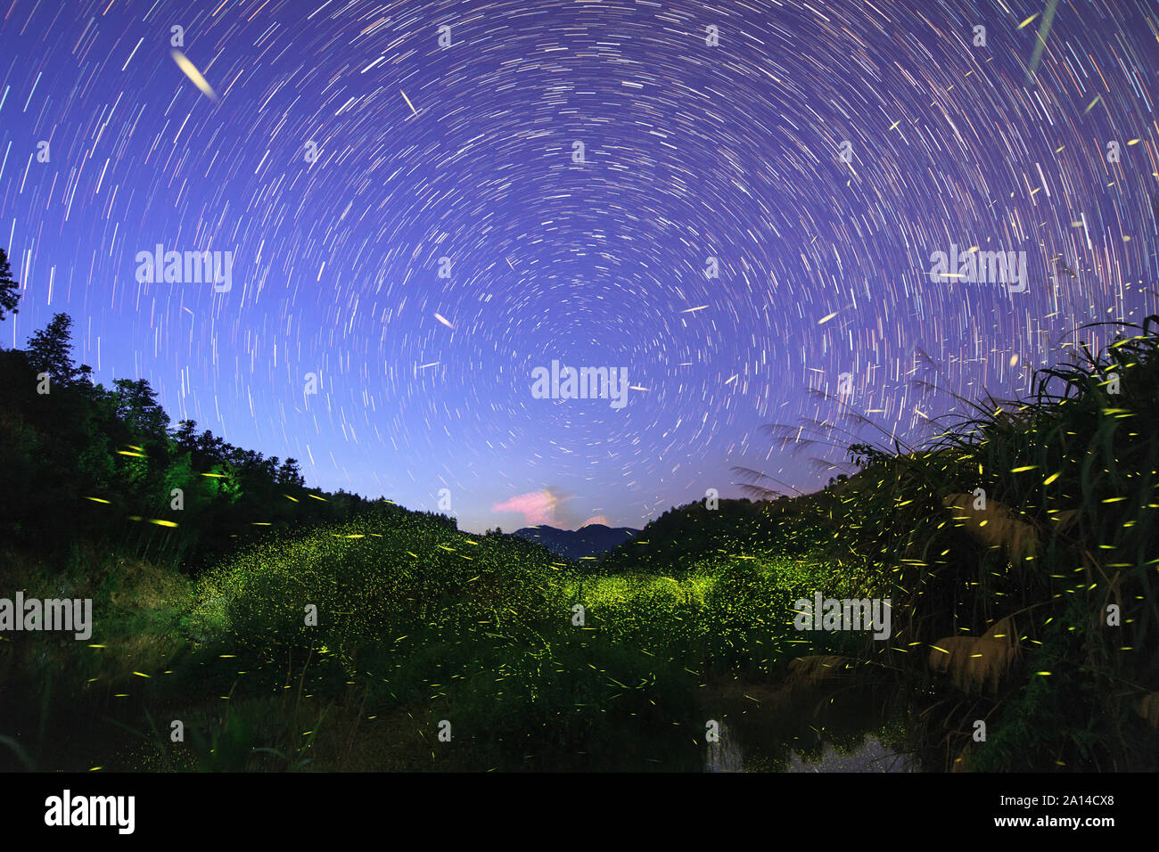 Star trails around the northern celstial pole at Fujian Tulou in China. Stock Photo