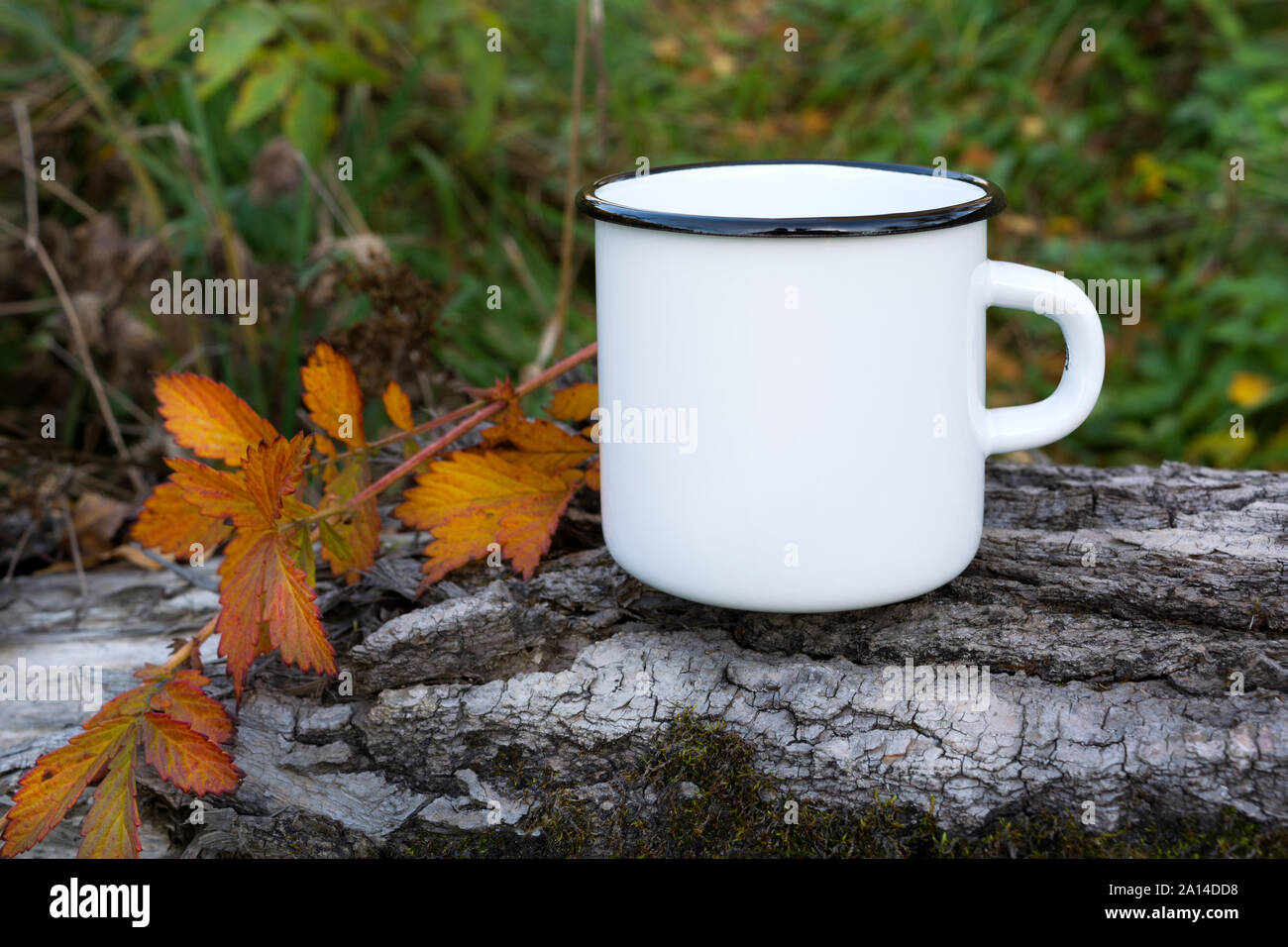 Falling Mug Empty White campfire enamel coffee mug mockup with fall orange leaf. Empty ...