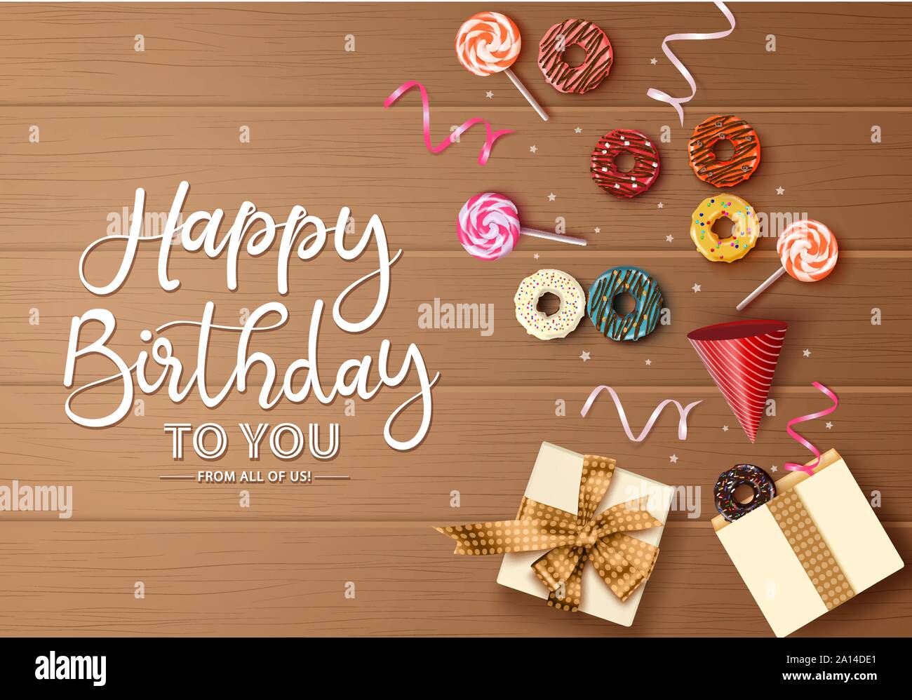 Happy Birthday Greeting Card Vector Background Concept Happy Birthday Text In Empty Space For Message With Gift Box Candy Cane Hat Confetti Stock Vector Image Art Alamy
