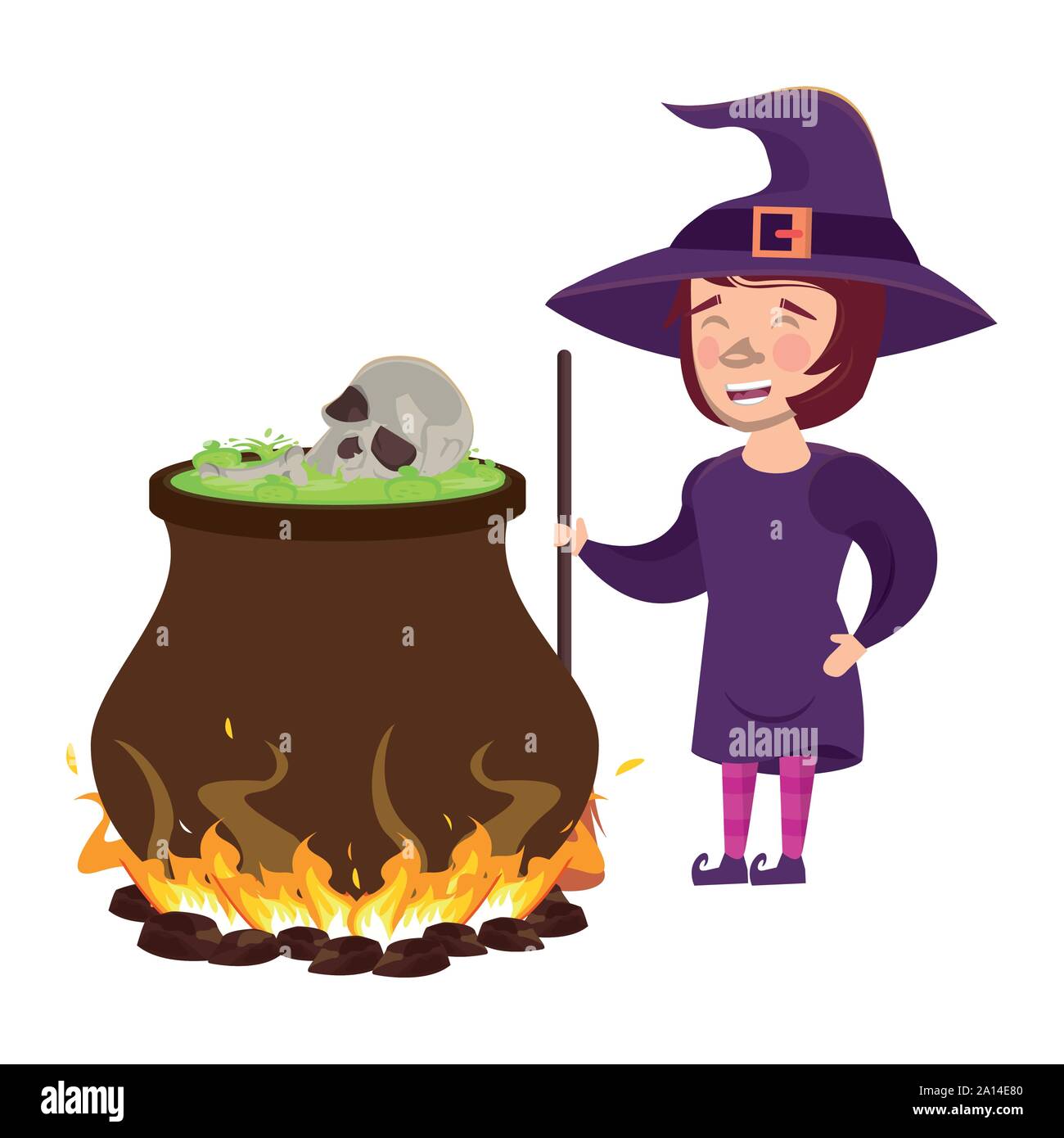 halloween witch cauldron with skull head and witch costume Stock Vector