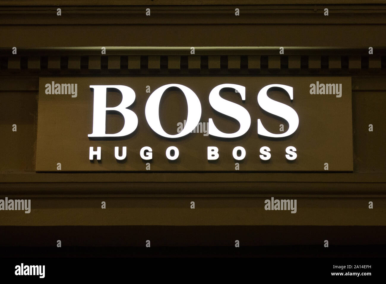 Hugo Boss logo seen in Gothenburg. Hugo Boss AG, often styled as BOSS, is a  luxury fashion house headquartered in Metzingen, Germany Stock Photo - Alamy
