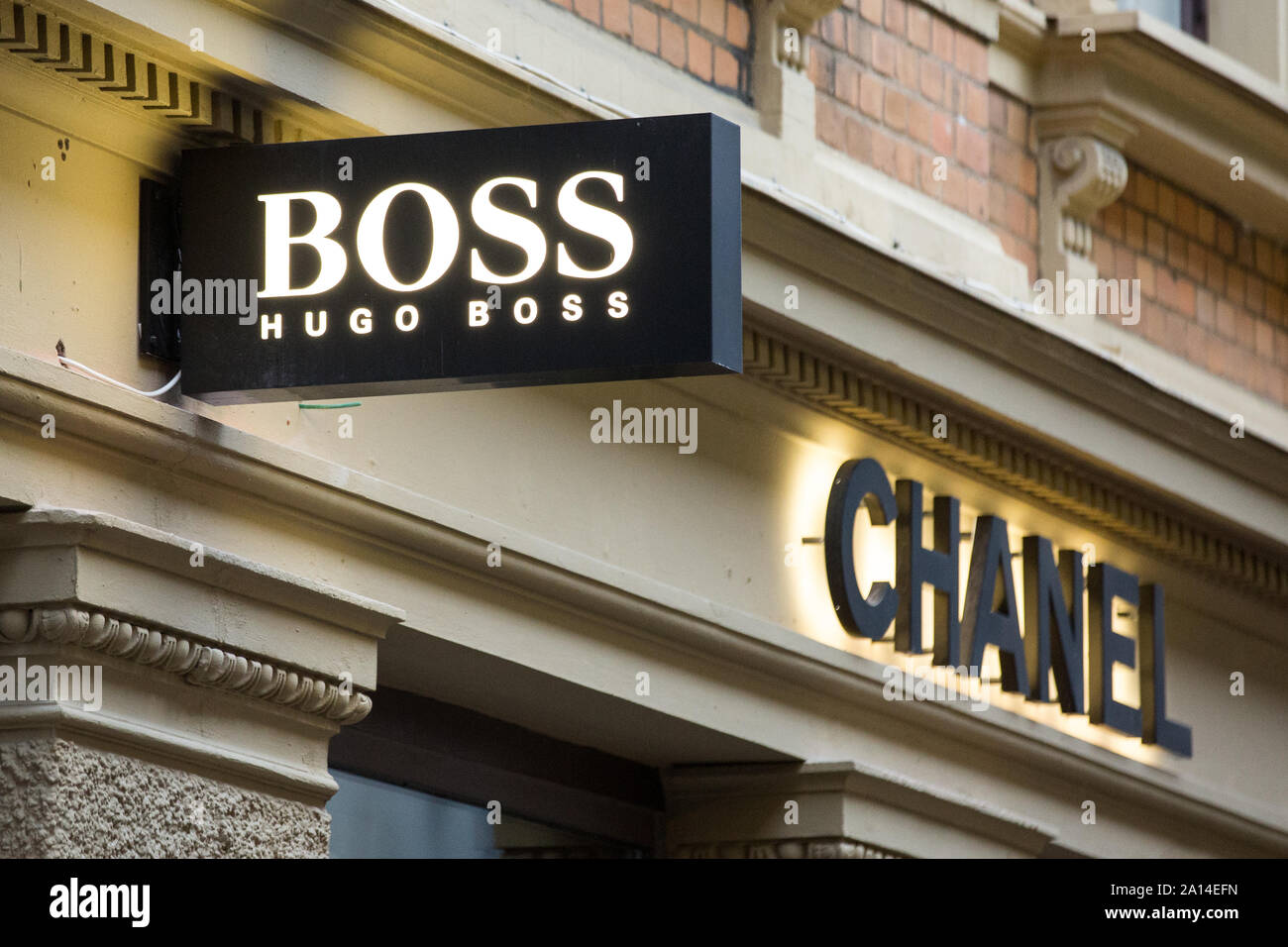 Hugo Boss logo seen in Gothenburg. Hugo Boss AG, often styled as BOSS, is a  luxury fashion house headquartered in Metzingen, Germany Stock Photo - Alamy