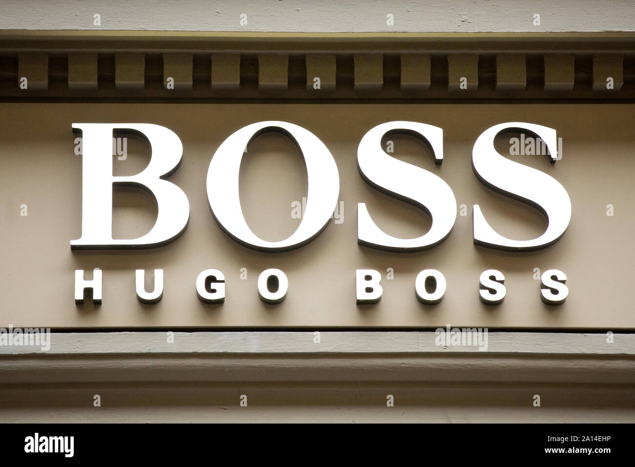 Hugo Boss logo seen in Gothenburg. Hugo Boss AG, often styled as BOSS, is a  luxury fashion house headquartered in Metzingen, Germany Stock Photo - Alamy
