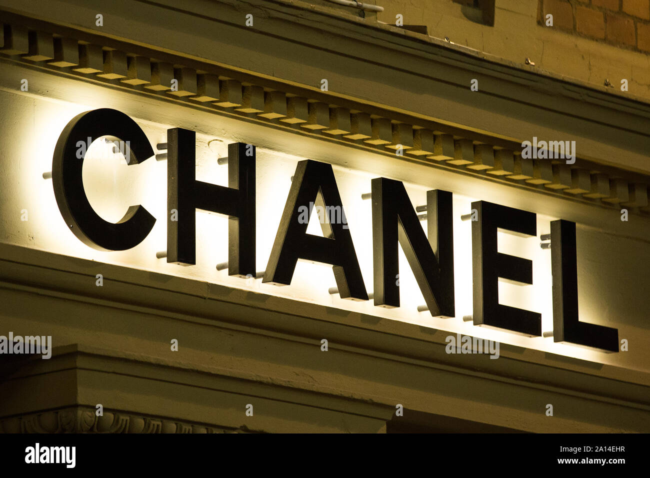 CHANEL logo seen in Gothenburg.Chanel S.A. is a high fashion house that specialises in haute couture, ready-to-wear clothes, luxury goods  and fashion accessories. Stock Photo