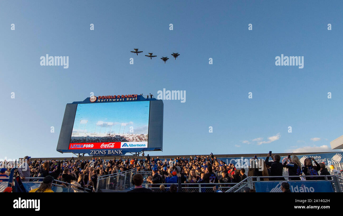 Two F-15E Strike Eagles from the 366th Fighter Wing, Mountain Home Air Force Base, and two A-10 Thunderbolt IIs from the 124th Fighter Wing, Idaho Air National Guard, fly over Albertsons Stadium during the opening ceremony of the Boise State vs. Air Force Game, Boise, Idaho, Sept. 20, 2019. The No. 20 Boise State beat Air Force 30-19. (U.S. Air National Guard photo by Ryan White) Stock Photo