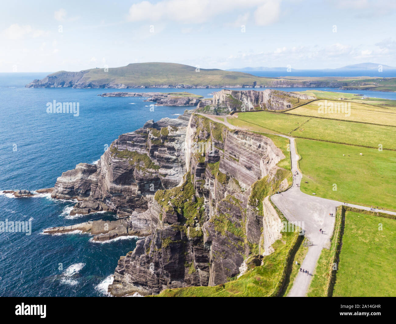 An Aerial view of the spectacular Kerry Cliffs on the Skellig Coast of County Kerry in Ireland. Stock Photo
