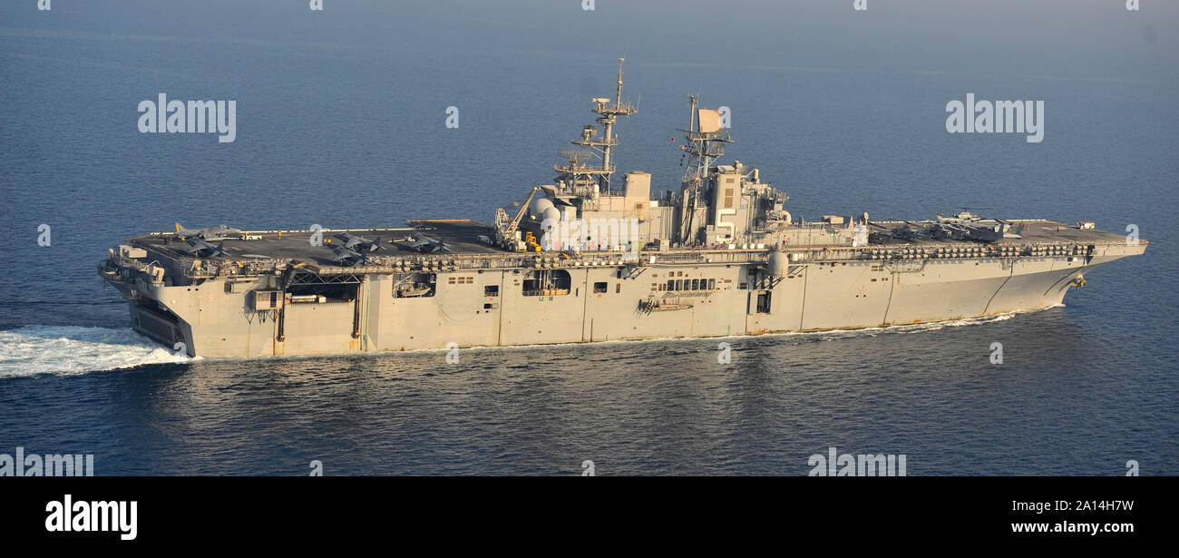 The amphibious assault ship USS Bataan is underway in the Arabian Gulf. Stock Photo