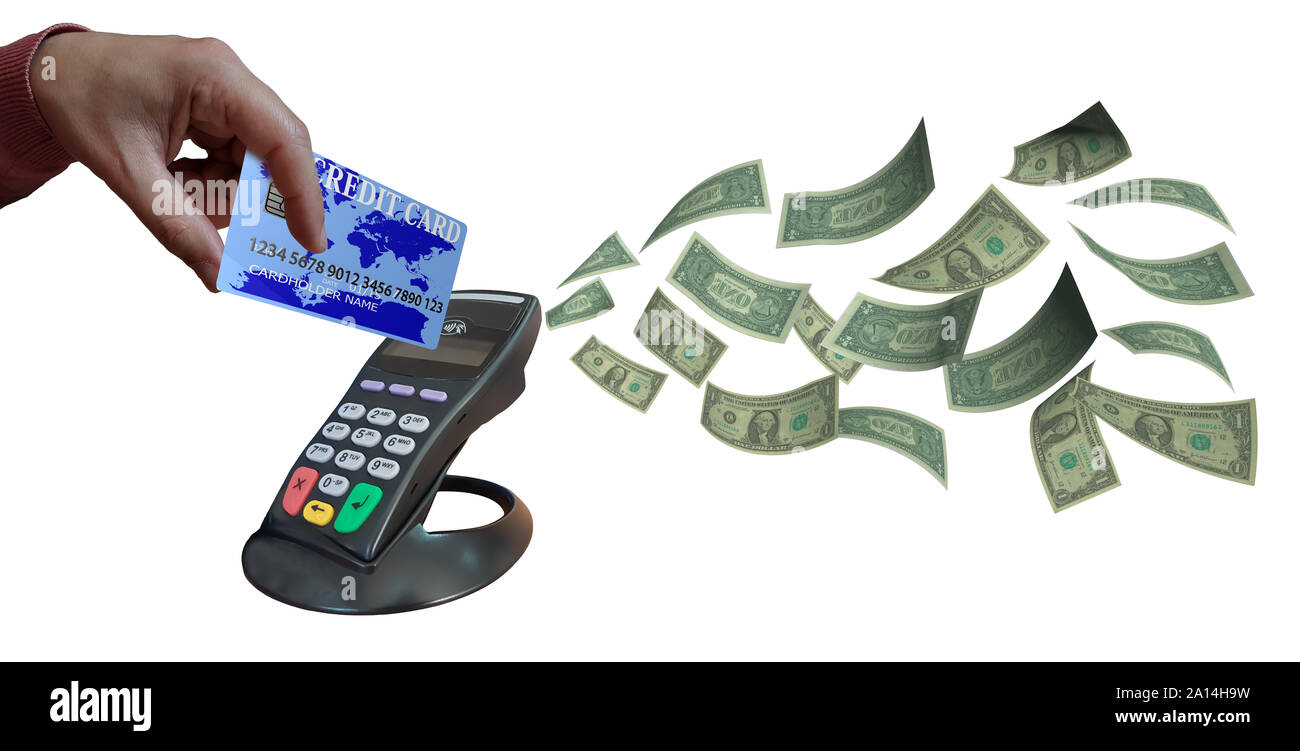 pos device credit  card dollars hand   point of sale  isolated bussines background Stock Photo