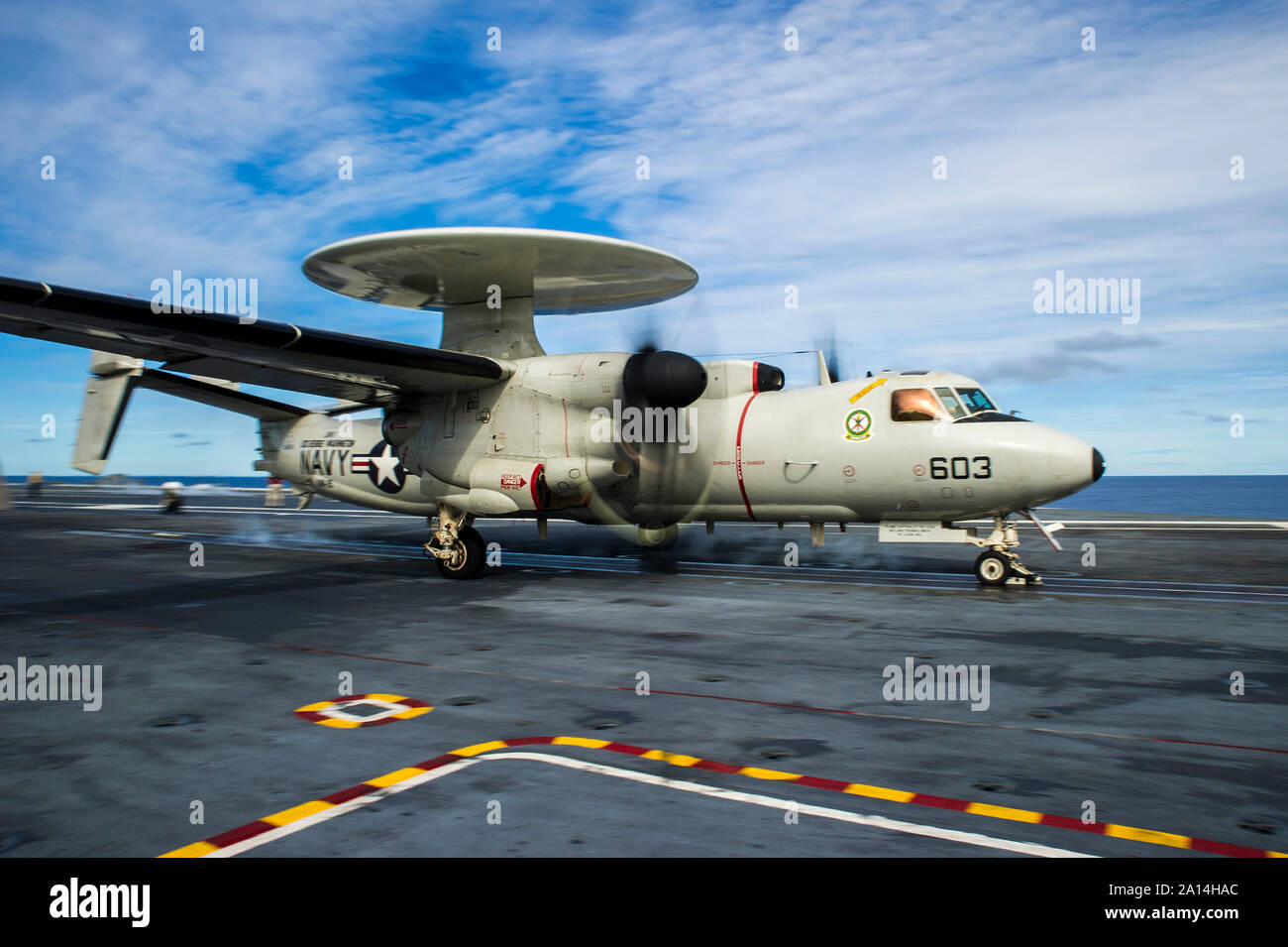 An E-2C Hawkeye launches from the flight deck of USS George Washington. Stock Photo