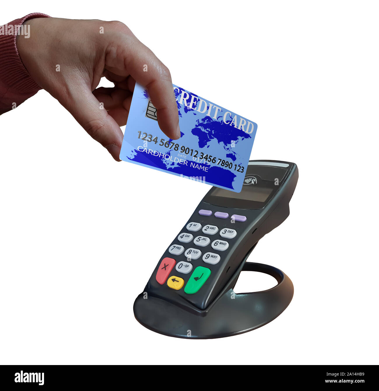 pos device credit  card dollars hand   point of sale  isolated bussinness background Stock Photo