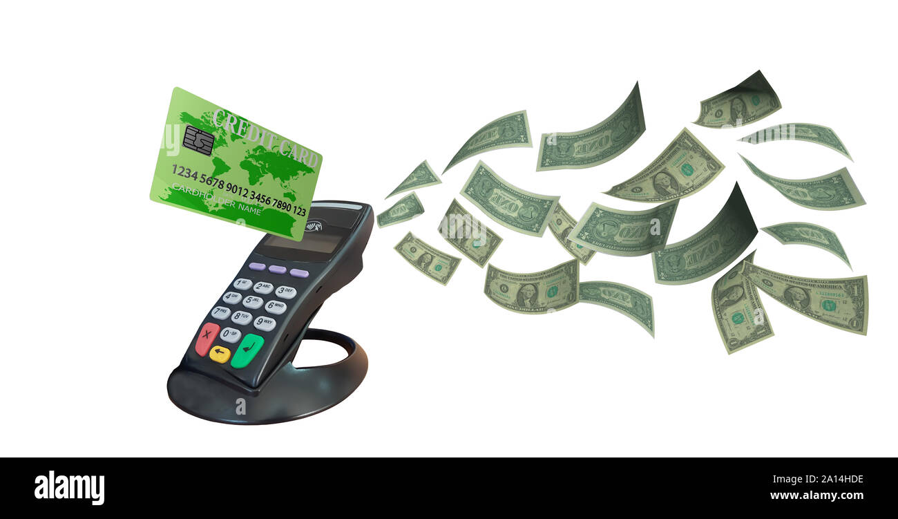 pos device green credit  card dollars money  point of sale  isolated bussinness background Stock Photo