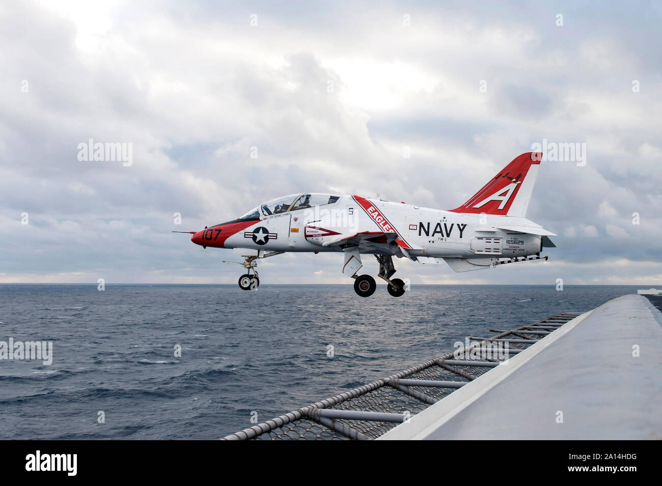 A T-45C Goshawk training aircraft launches from the flight deck of USS Harry S. Truman. Stock Photo