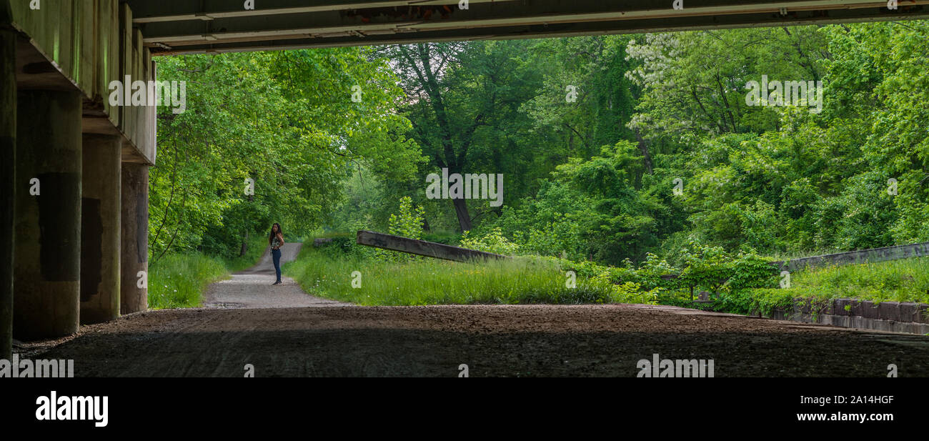 woman standing on bridge over lock on Chesapeake and Ohio Canal Stock ...