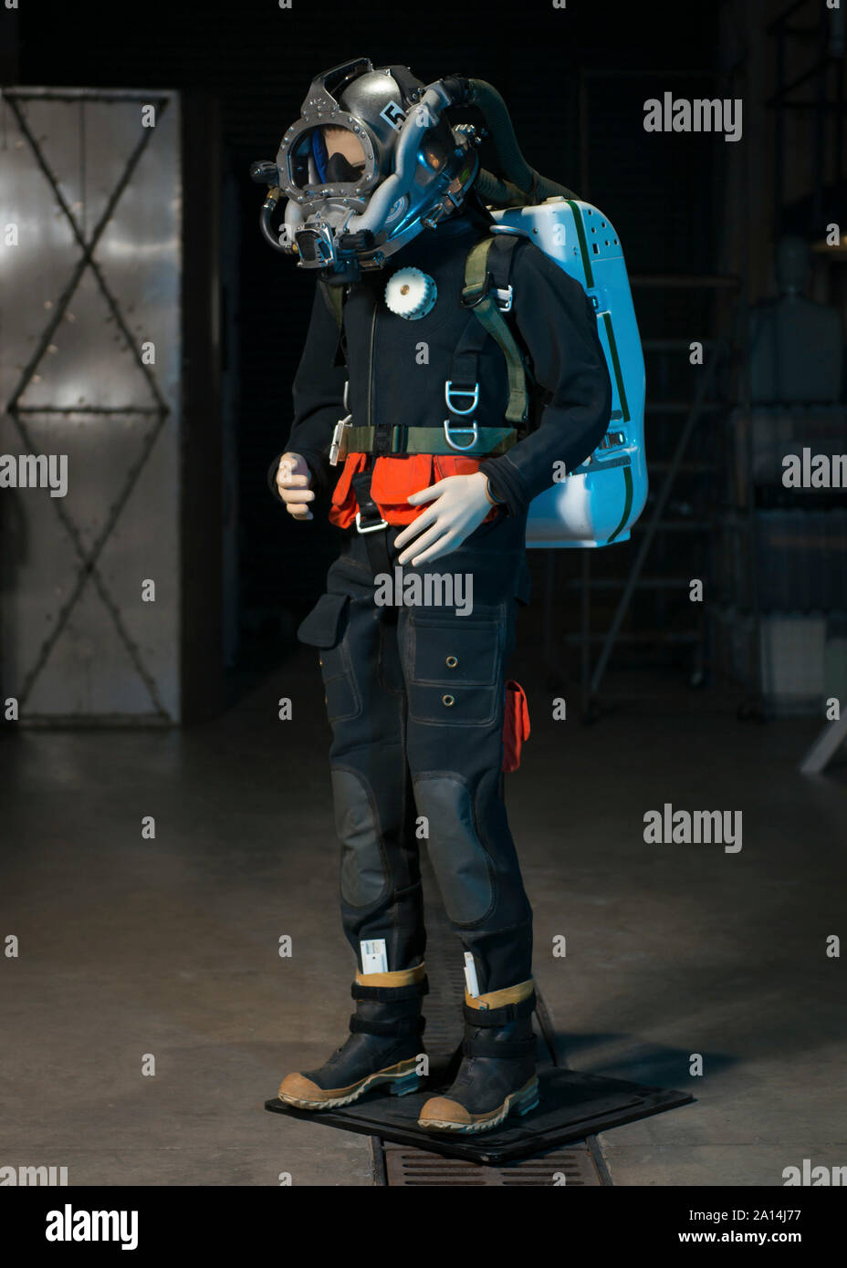 A prototype for a new life support system for divers is displayed on a mannequin. Stock Photo