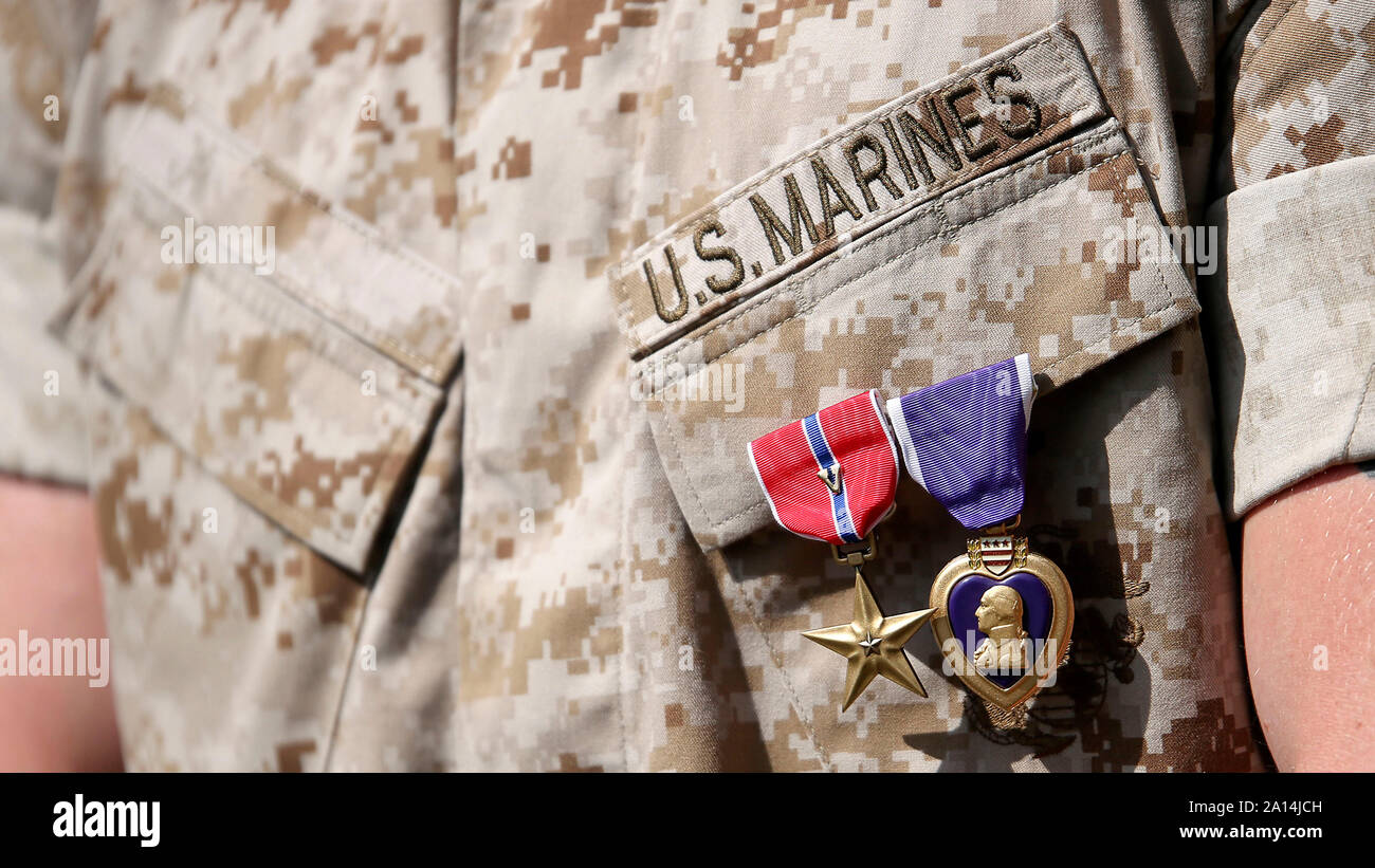 U.S. Marine wears the Bronze Star Medal and Purple Heart. Stock Photo