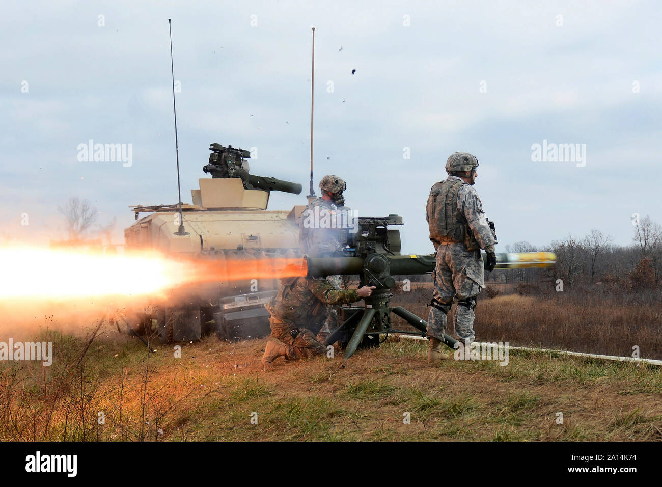 A special forces weapons sergeant fires a BGM-71 TOW missile. Stock Photo