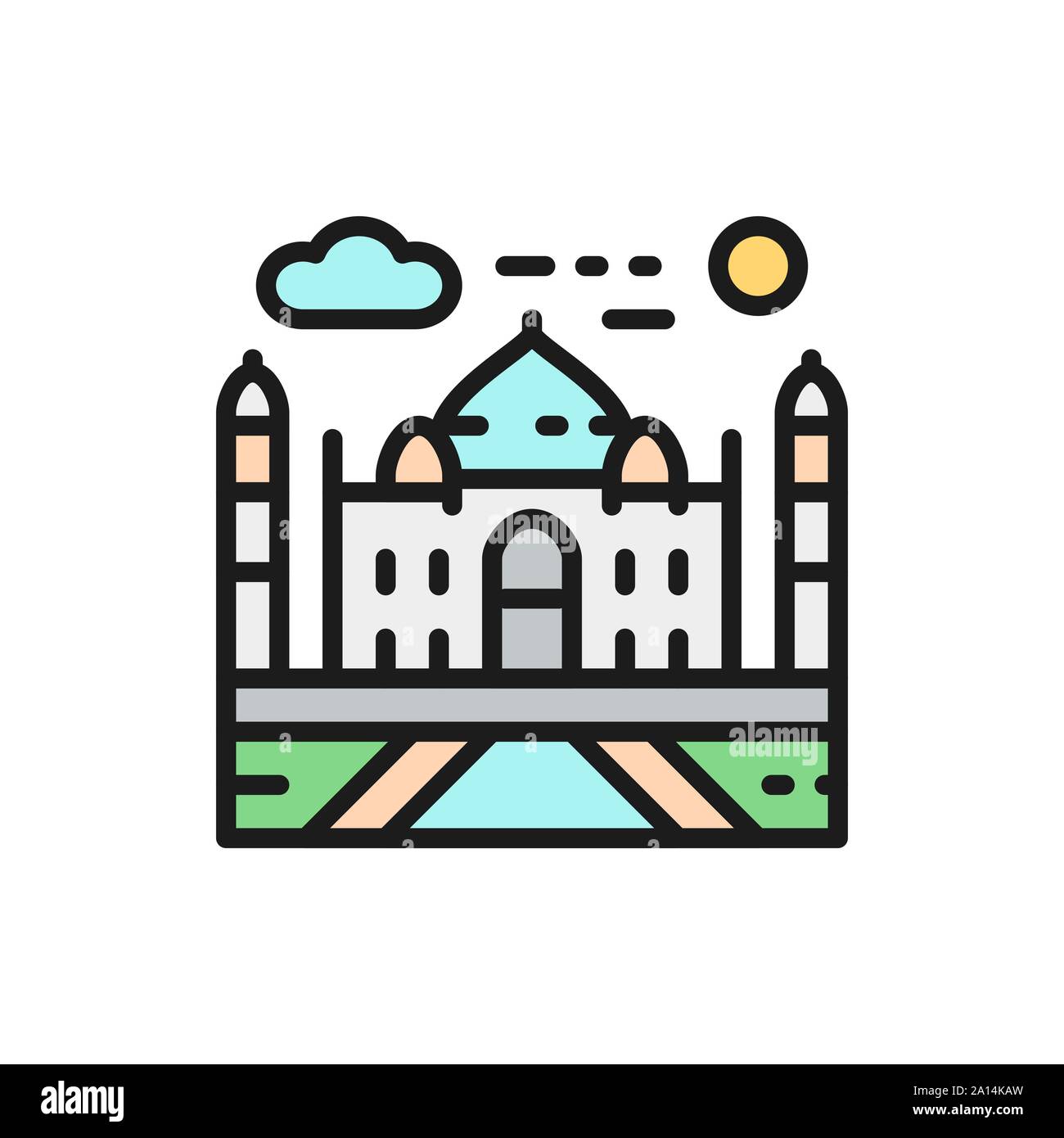 Vector Taj Mahal, India, landmark flat color line icon. Stock Vector