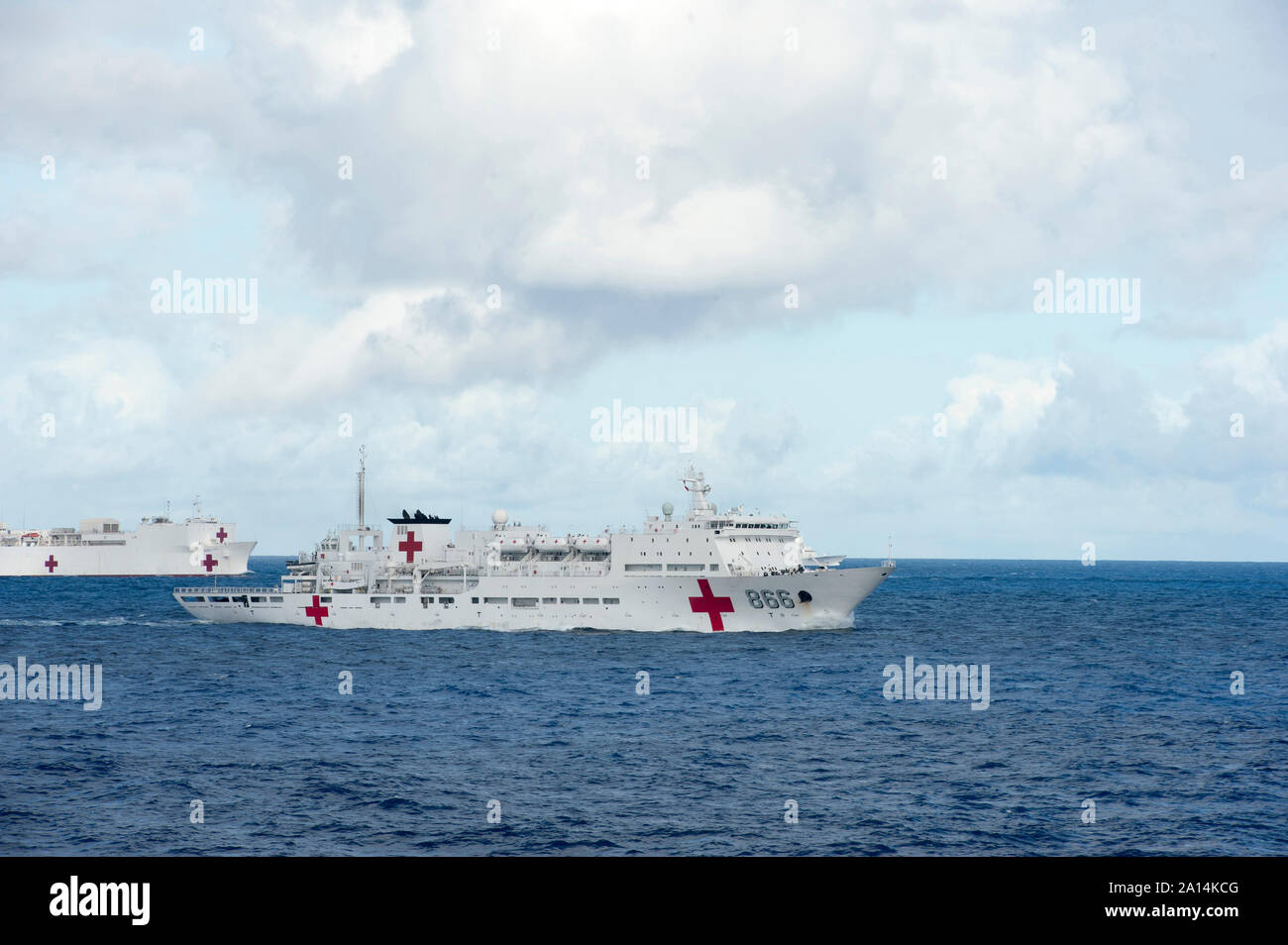 People's Liberation Army (Navy) hospital ship Peace Ark and U.S. Navy hospital ship USNS Mercy. Stock Photo