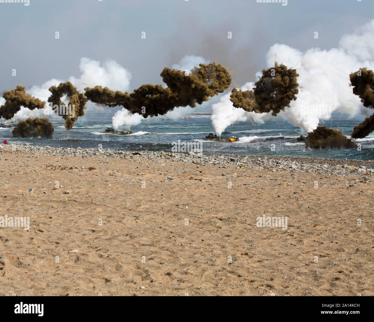 Republic of Korea and U.S. Marine amphibious assault vehicles deploy smokescreens. Stock Photo