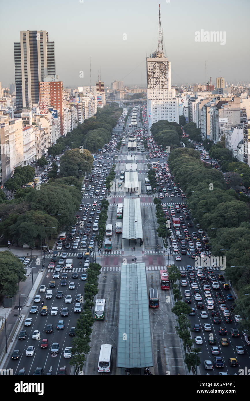 Buenos Aires, Argentina - May 4 2015: Rush hour and traffic on the sreets of Buenos Aires city. This photo shows the downtown and Eva Peron in 9 de Ju Stock Photo
