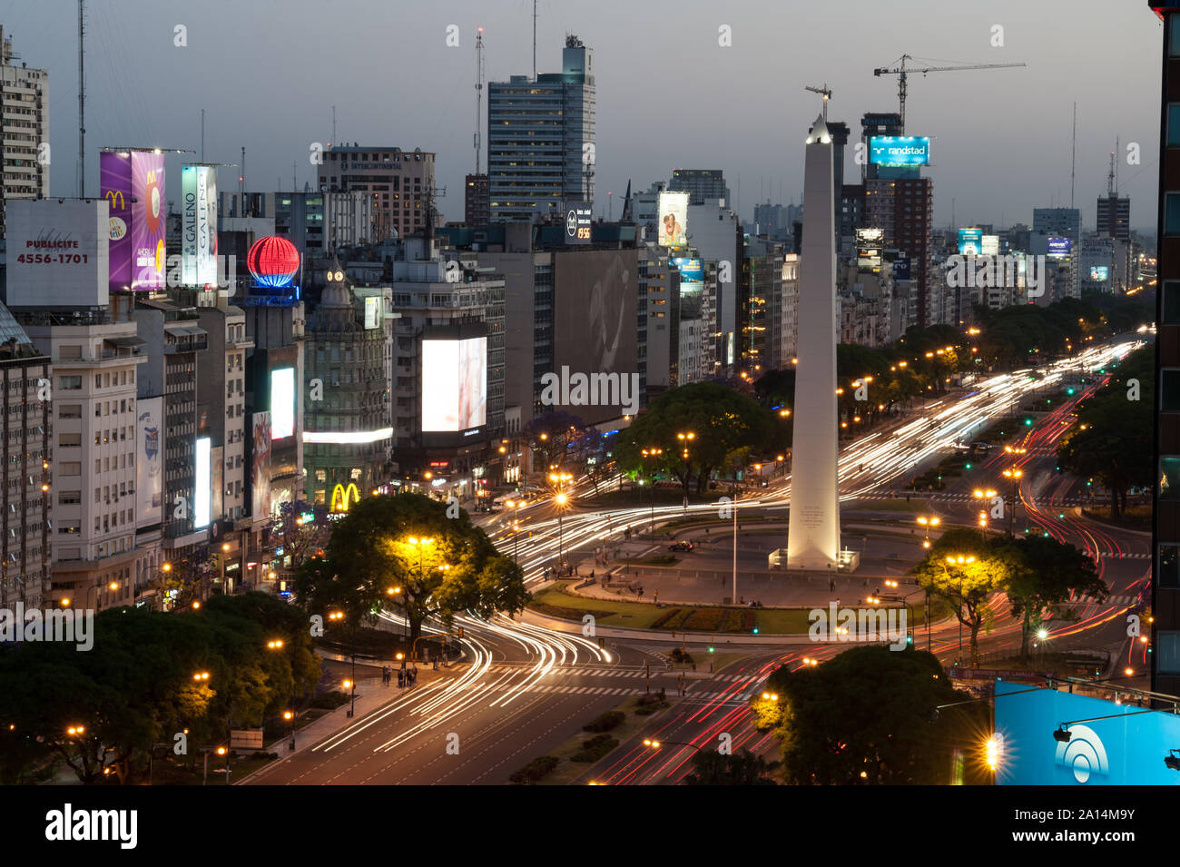 Buenos Aires, Argentina - November 14 2012: Rush hour and traffic on the sreets of Buenos Aires city by night. This photo shows the downtown and de 9 Stock Photo