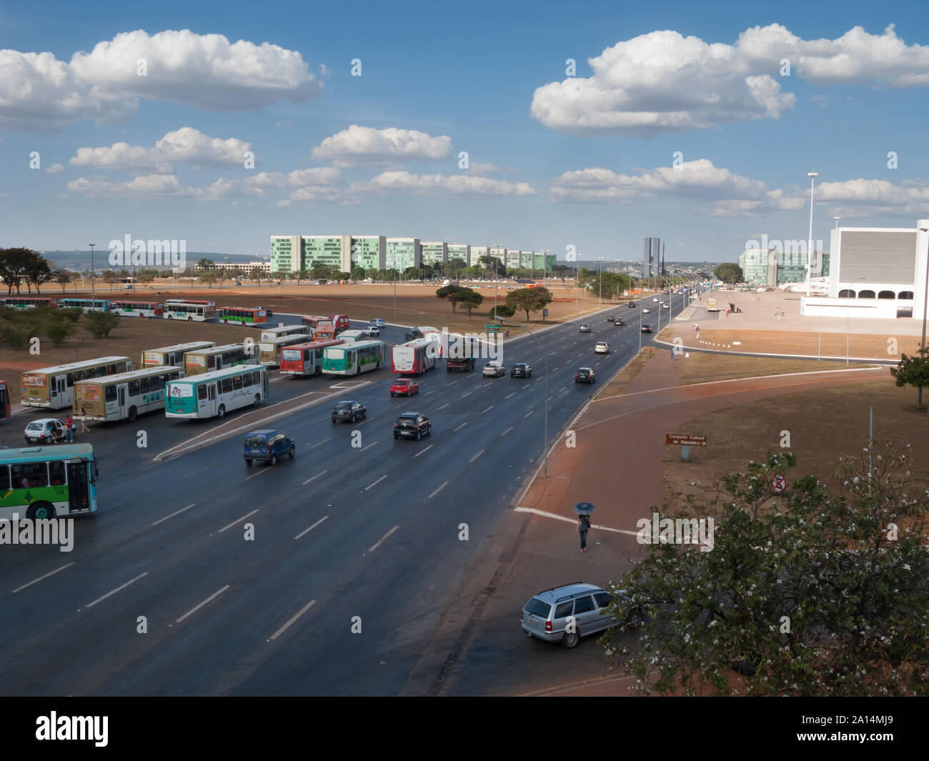 Brasilia, Brazil - July 24 2009: A main avenue in Brazilia called Eixo Monumental. Transportation in Brazil, bus and buildings. Stock Photo