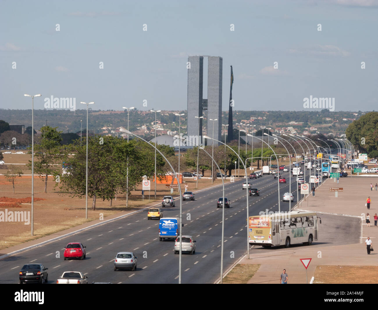 Brasilia, Brazil - July 24 2009: A main avenue in Brazilia called Eixo Monumental. Transportation in Brazil, bus and buildings. Stock Photo